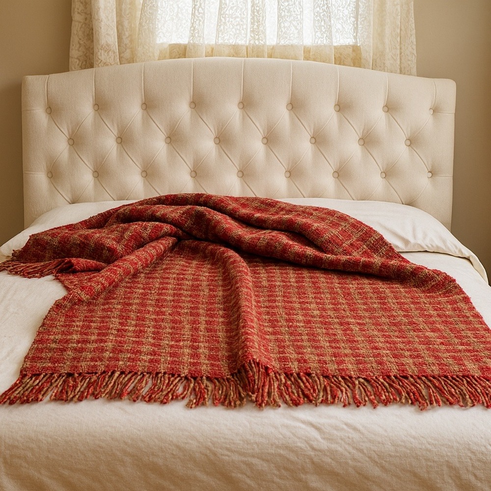 Cozy‎ Red Plaid Woven Throw Blanket Fringe Warm Home Accent 60x56   #3001